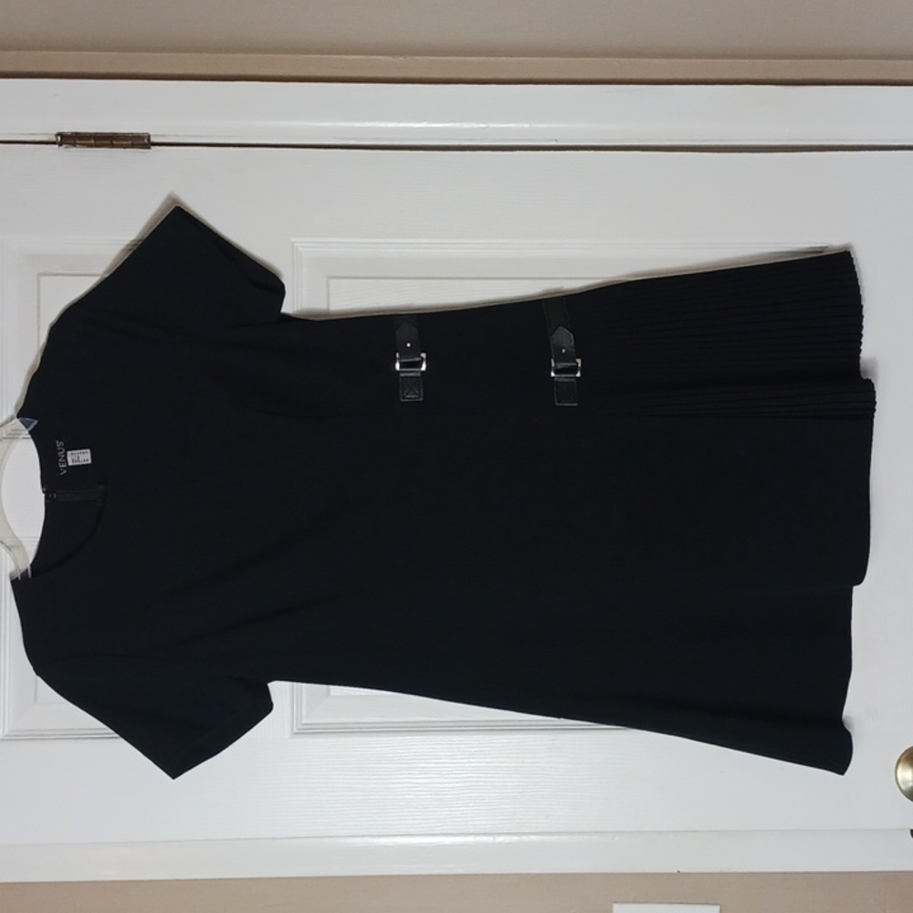VENUS Black Dress with Short Sleeves Pleated Bottom Faux Leather Straps Size 10
